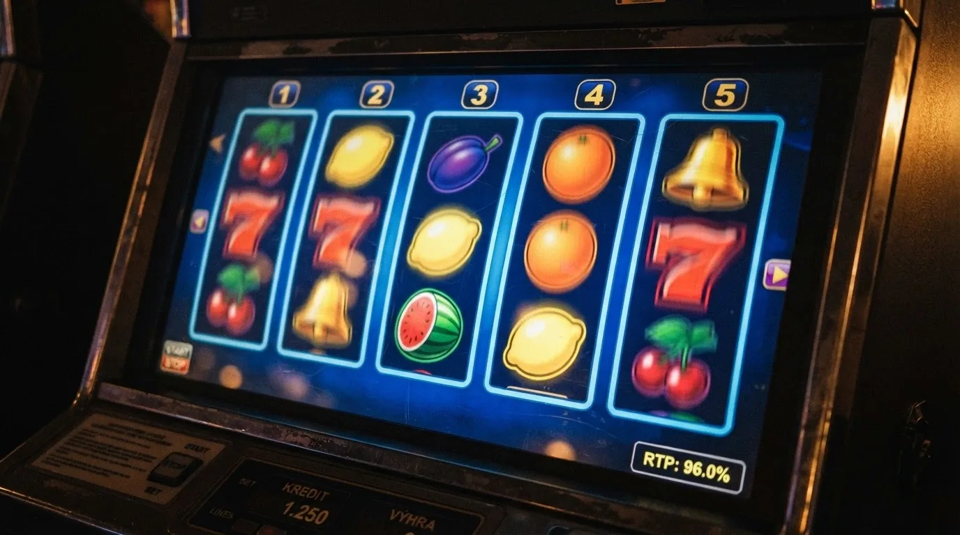 Výřez z online automatu Multi Vegas 81 s pěti válci a barevnými symboly, v rohu viditelná hodnota RTP 95 %