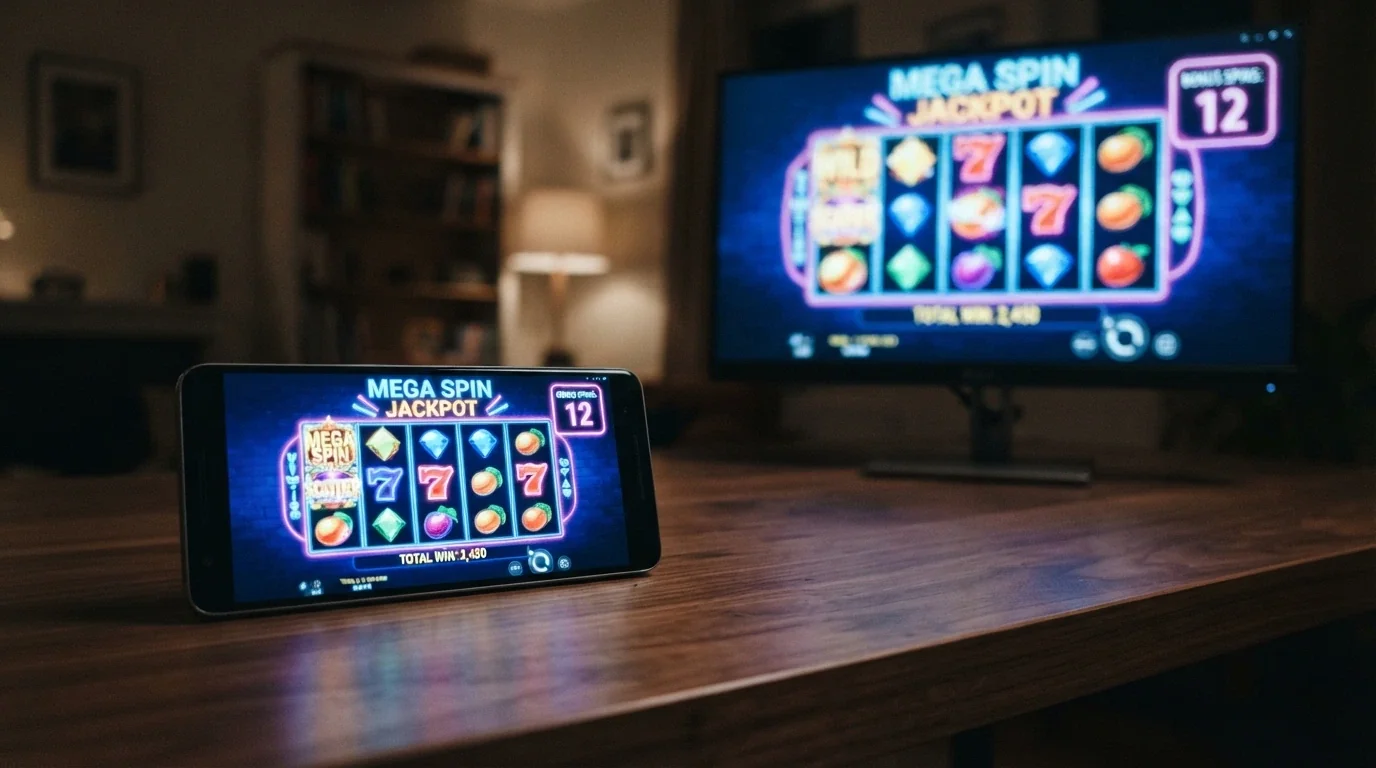 Mobilní telefon v režimu na šířku s roztočeným výherním automatem, na pozadí desktopový monitor se stejnou hrou