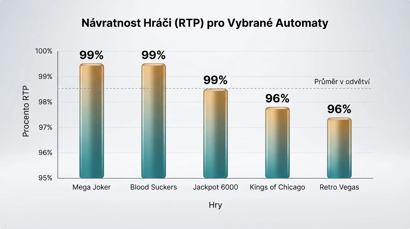 Infografika porovnávající RTP pěti automatů — od 96 % po 99 % na sloupcovém grafu
