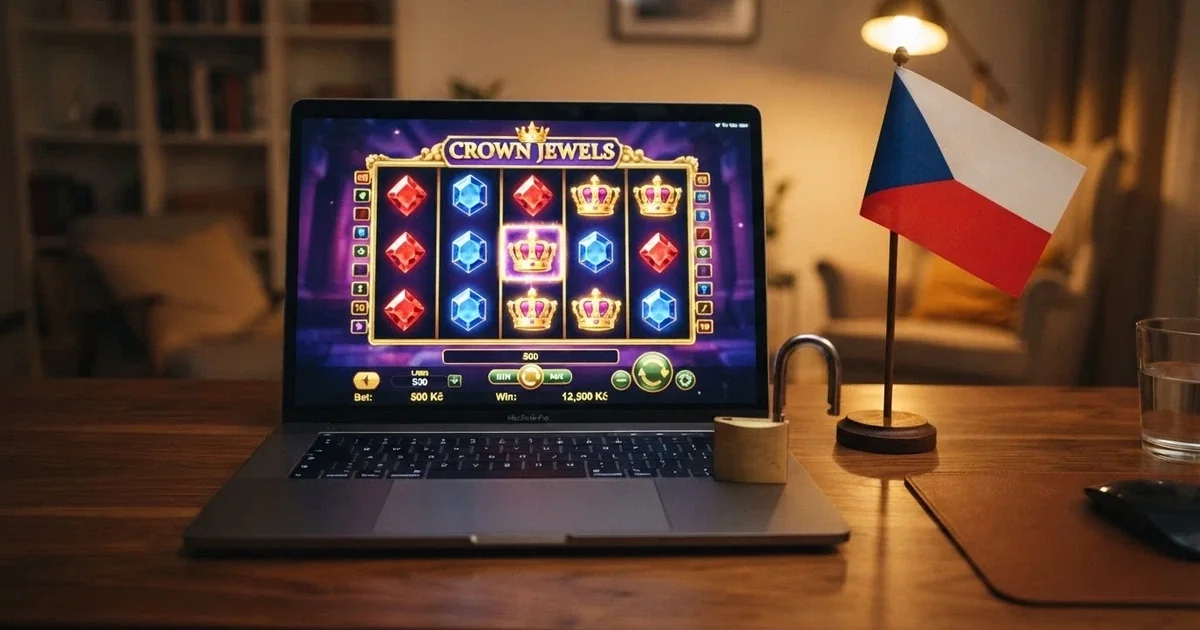 Zahraniční casino na obrazovce notebooku vedle české vlajky a symbolu zámku jako signálu bezpečnosti