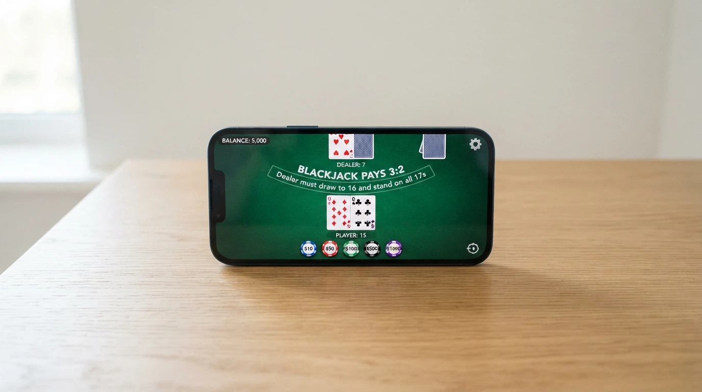 Obrazovka online blackjacku v demo režimu s virtuálními žetony a ukazatelem skóre