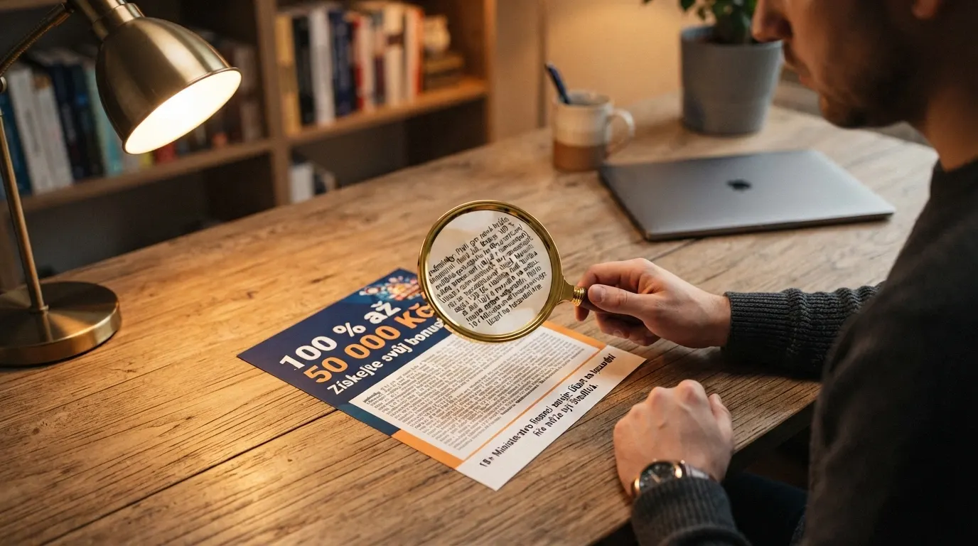Ilustrační zobrazení uvítací nabídky — banner s textem „100 % až 50 000 Kč“, vedle něj lupa zvýrazňující drobné písmo podmínek protočení
