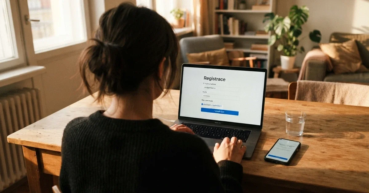 Hráč u notebooku, na obrazovce registrační formulář online casina bez kolonky pro nahrání dokladů, vedle mobil s potvrzovacím e-mailem.