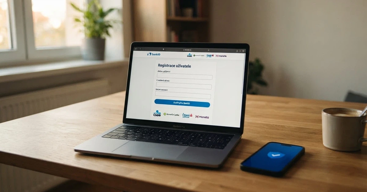 Obrazovka s registračním formulářem českého online casina a logem BankID