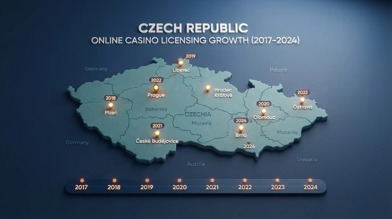 Mapa České republiky s vyznačenými sídly licencovaných online casin a roky udělení licence