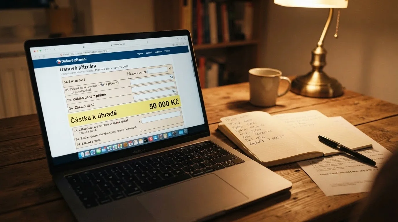 Daňový formulář na obrazovce notebooku, vedle něj kalkulačka a na displeji částka 50 000 Kč zvýrazněná jako hraniční hodnota.