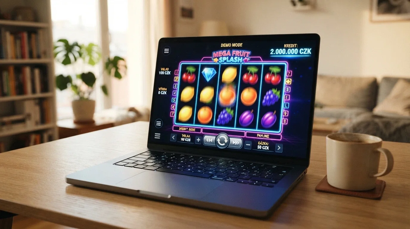 Obrazovka s rozhraním demo režimu online casina — viditelné virtuální kredity a nabídka automatů