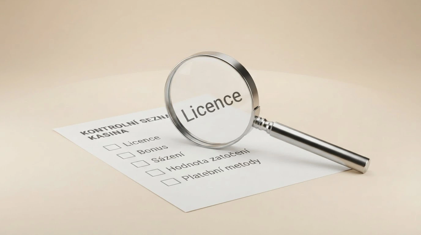 Zvětšovací sklo nad seznamem hodnoticích kritérií — licence, bonus, protočení, hodnota spinu, platební metody