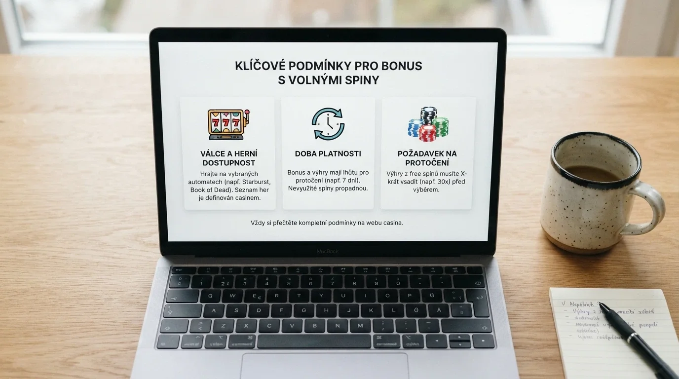 Infografika na obrazovce notebooku: tři sloupce — počet free spinů, podmínky protočení, reálná hodnota bonusu