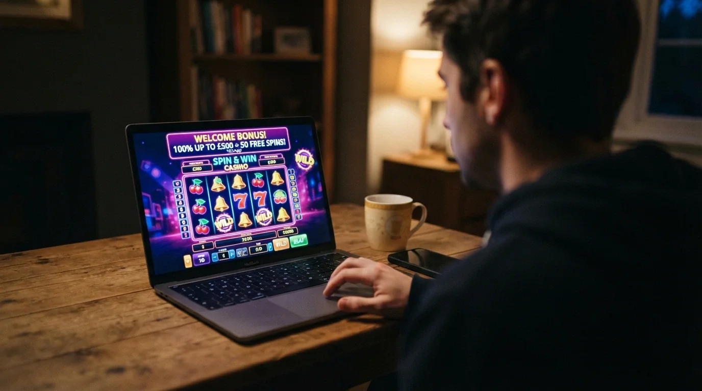 Hráč u počítače si prohlíží nabídku free spinů v online casinu