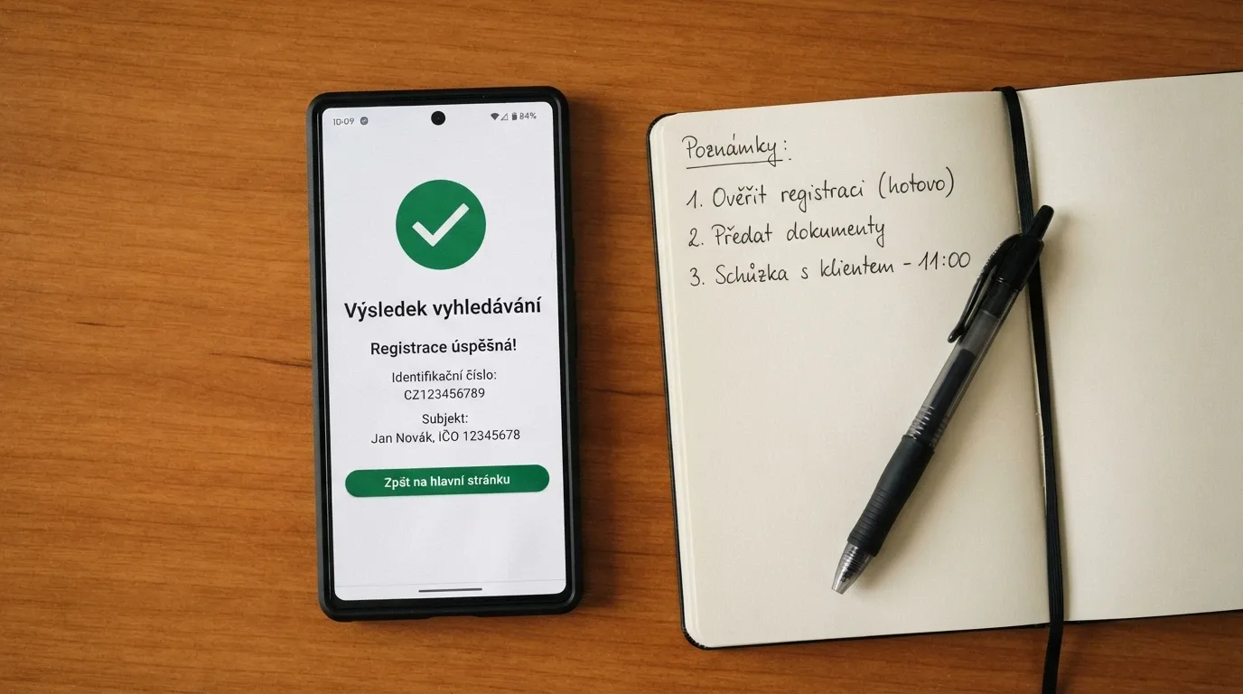 Úřední dokument s razítkem Ministerstva financí ČR a lupou zvýrazňující číslo licence, vedle něj mobil s otevřeným registrem MF ČR