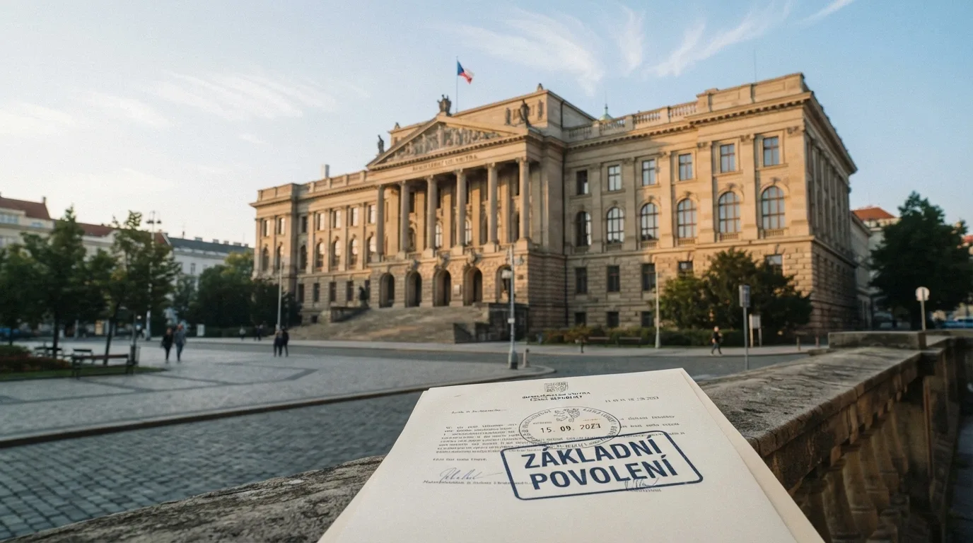 Budova Ministerstva financí ČR v Praze, vedle ní logo Celní správy ČR, v popředí razítko s textem „Základní povolení — licence MF ČR“.