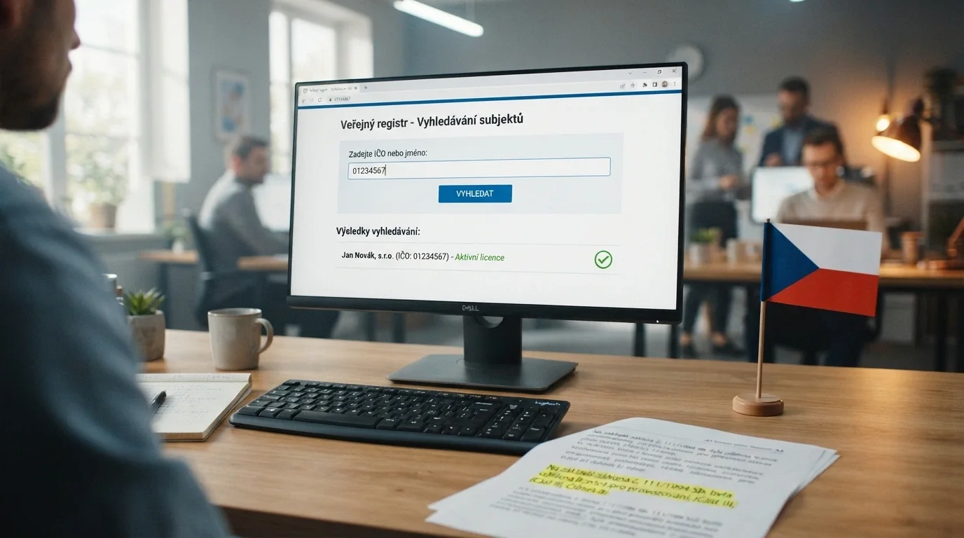Monitor zobrazující veřejný registr MF ČR — na obrazovce formulář vyhledávání držitele licence, vedle dokument s paragrafem ZHH, v pozadí česká vlajka