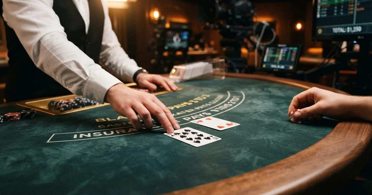 Krupiér rozdává karty u živého blackjackového stolu v kasinovém studiu