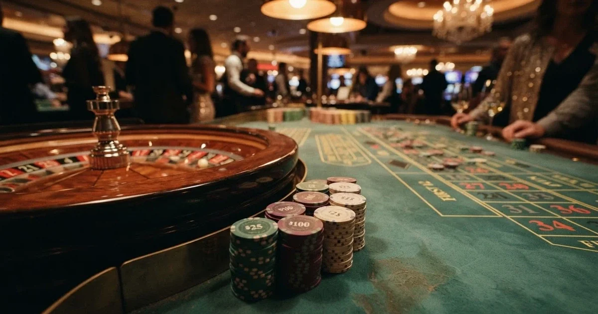 Živá ruleta s krupiérem u profesionálního stolu, v popředí herní plán a barevné žetony