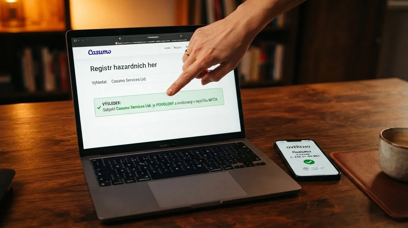 Úřední dokument s razítkem Ministerstva financí ČR a logem licencovaného online casina