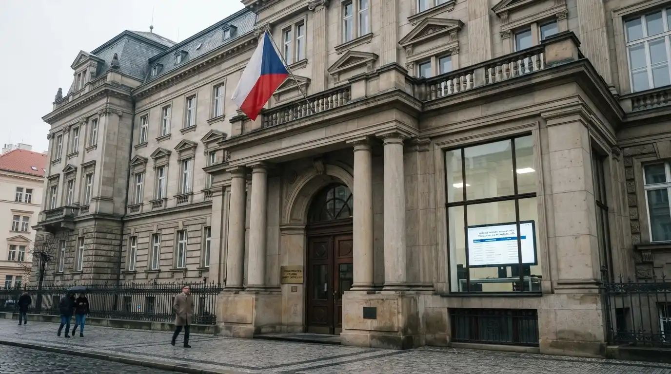 Úřední budova Ministerstva financí ČR s českou vlajkou, vedle monitor s otevřeným registrem licencovaných provozovatelů hazardních her.