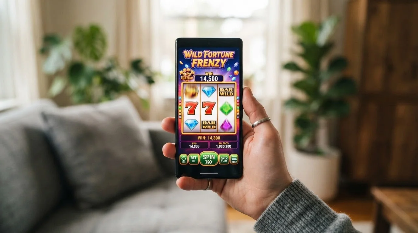 Mobilní telefon zobrazující casino aplikaci s roztočenými válci na vertikální obrazovce
