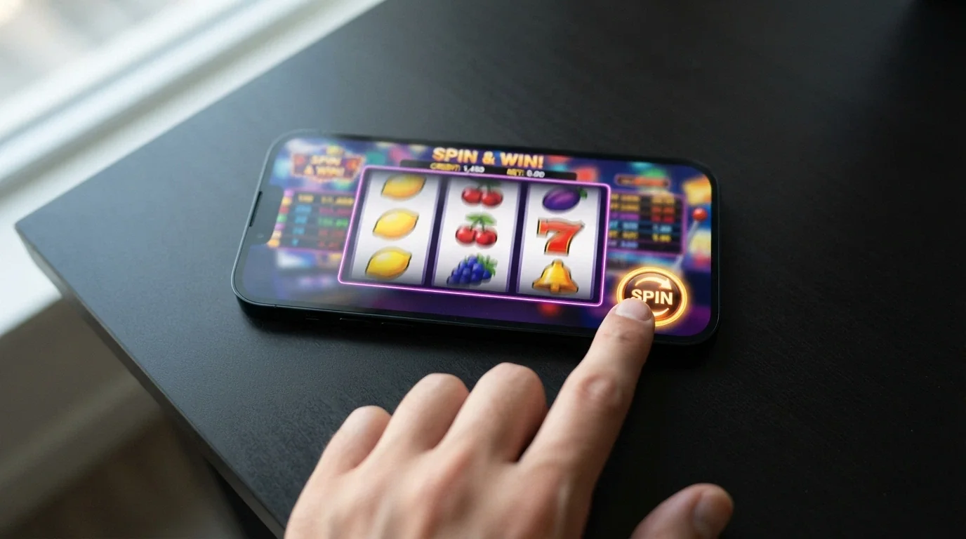 Chytrý telefon v režimu na šířku s roztočeným automatem na celé obrazovce, palec nad tlačítkem spin — čisté a pohotové rozhraní