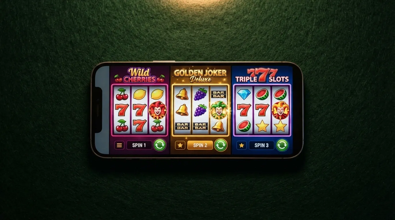 Koláž oblíbených českých automatů — Respin Joker, Hunter's Dream 2, Multi Vegas 81 — zobrazených na obrazovce telefonu
