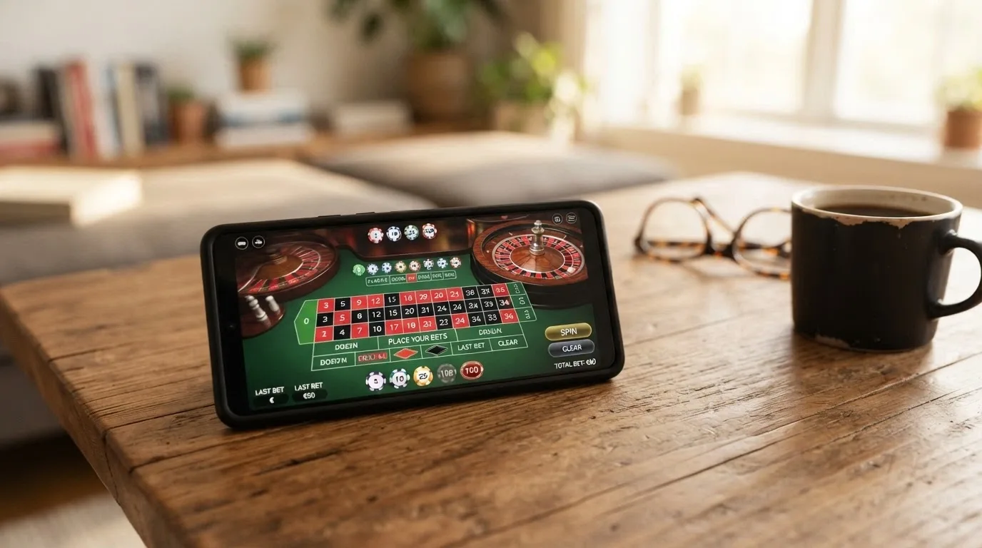 Mobilní telefon v orientaci na šířku s otevřenou live ruletou — na displeji sázecí rozhraní, stream krupiéra a tlačítka sázek