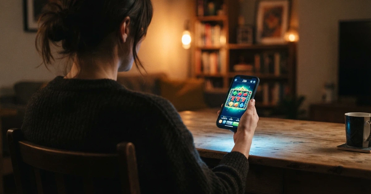 Hráč držící mobilní telefon s roztočenými válci online casina na displeji