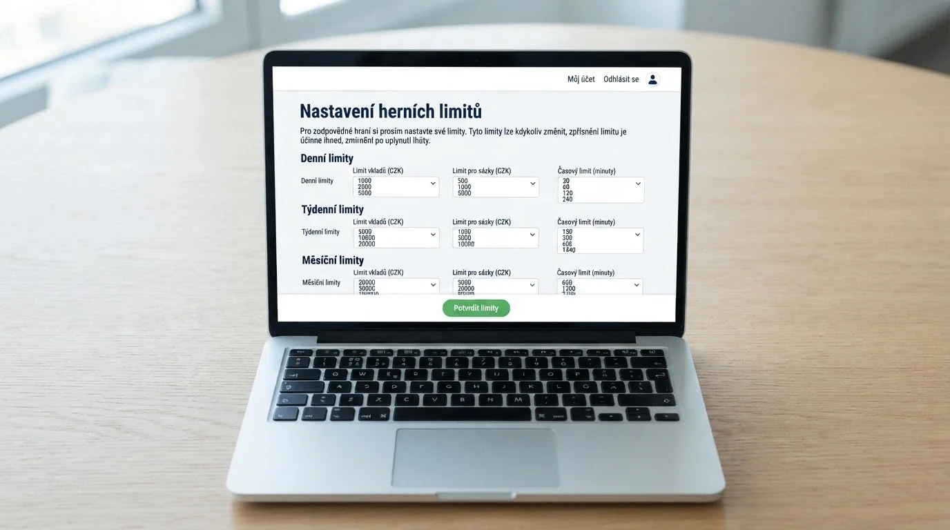 Obrazovka s formulářem sebeomezujících opatření při registraci do online kasina, viditelné denní, týdenní a měsíční limity