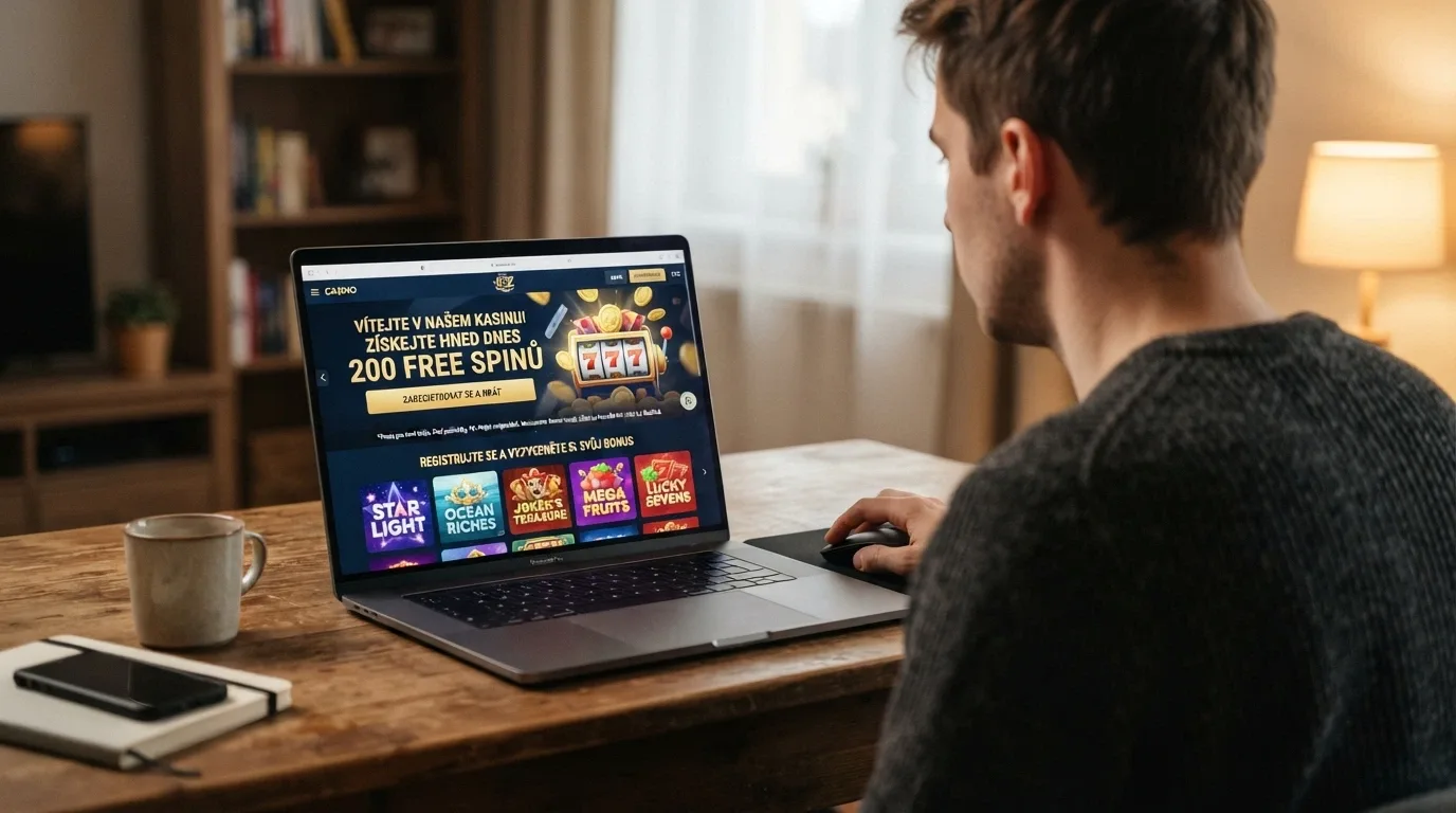 Rozhraní nového online casina s výrazným bannerem „200 free spinů za registraci“, pod ním drobným písmem licenční číslo MF ČR
