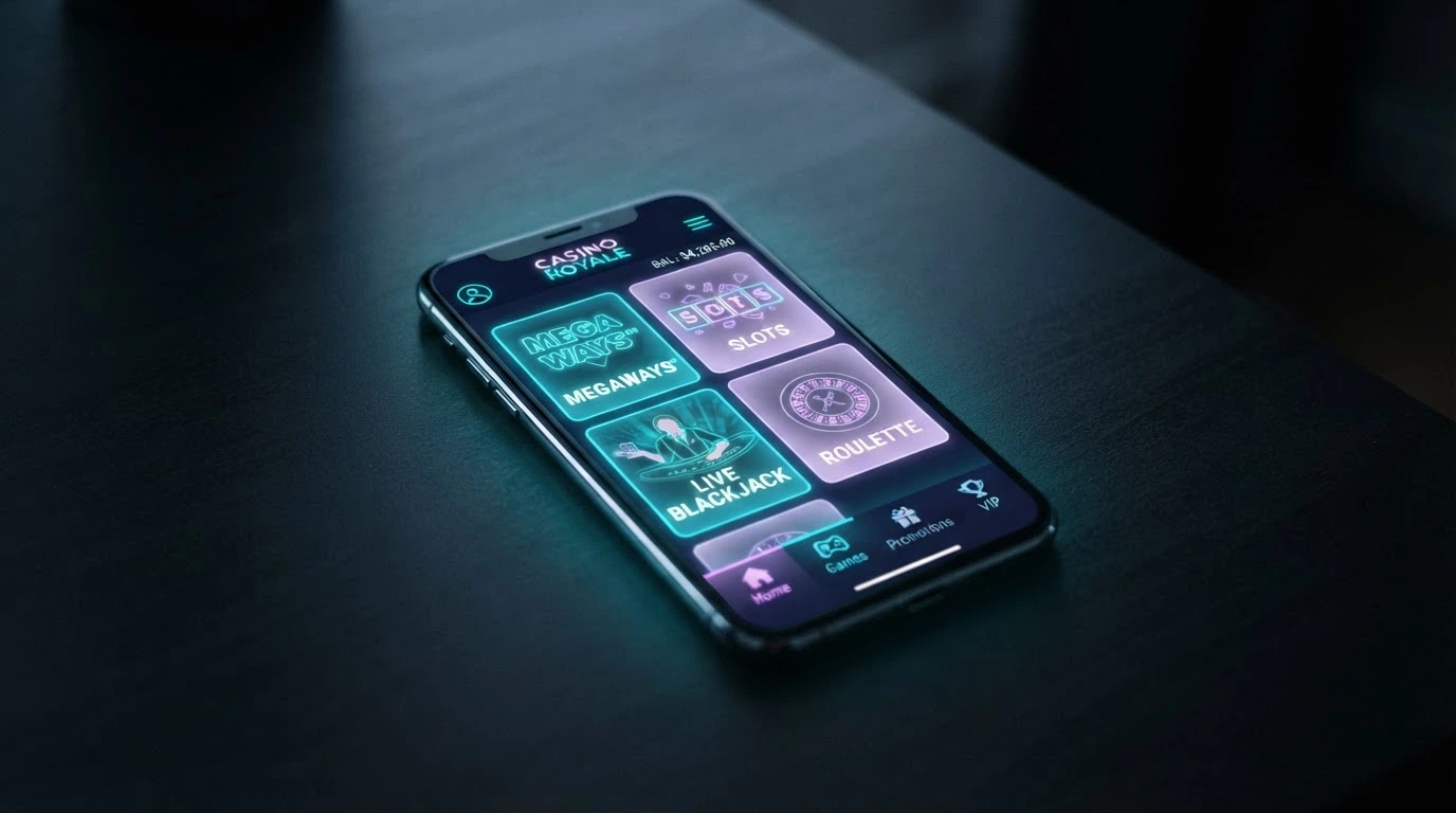 Rozhraní nového krypto kasina s moderním designem — tmavé pozadí, neonové akcenty.