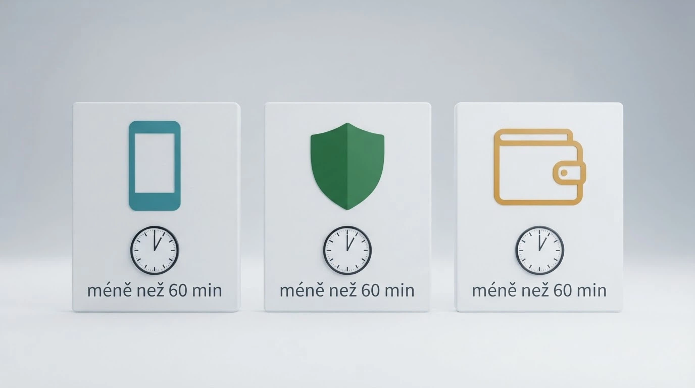 Tři ikony platebních metod (Aircash, NeteraPay, Skrill) vedle sebe, pod každou symbol hodin s časem „< 60 min“
