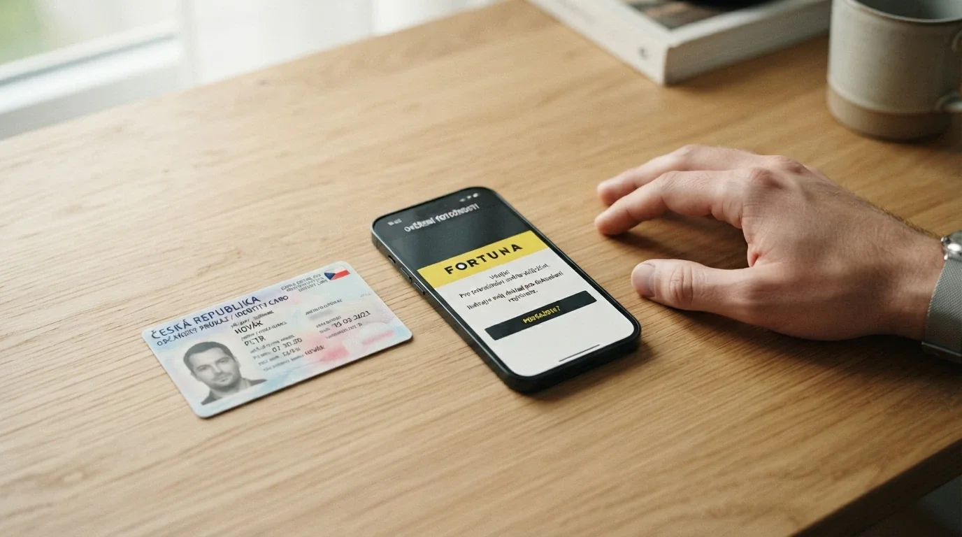 Občanský průkaz položený vedle mobilního telefonu s otevřenou aplikací online casina