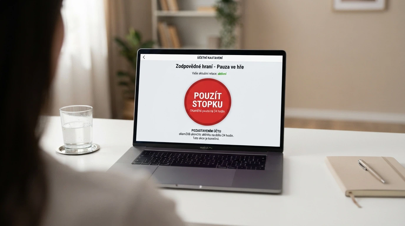 Ukazatel myši najíždějící na červené tlačítko s nápisem „Panic button — okamžité přerušení hry na 48 hodin“ v uživatelském rozhraní casina