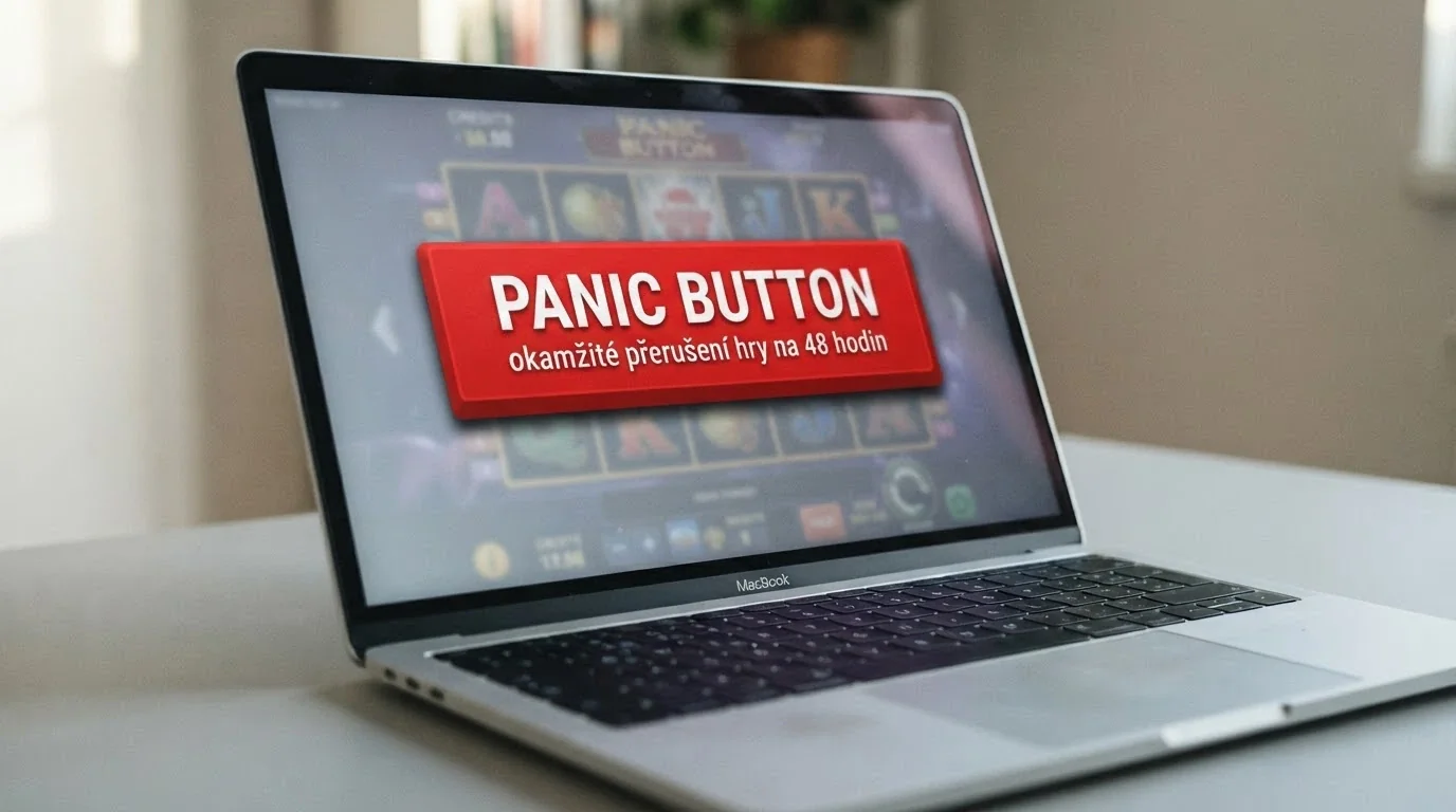 Tlačítko s nápisem „Panic button — okamžité přerušení hry na 48 hodin“ na rozhraní kasina