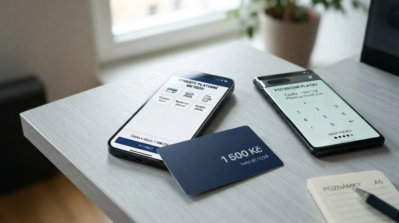 Paysafecard karta položená přes obrazovku s nabídkou vkladových metod, vedle mobil s NeteraPay