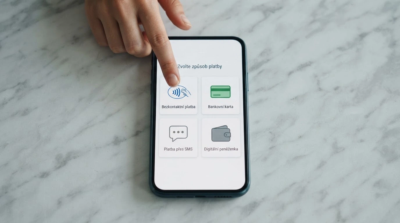 Mobilní telefon zobrazující výběr platebních metod – ikony Google Pay, platební karta, SMS, Skrill
