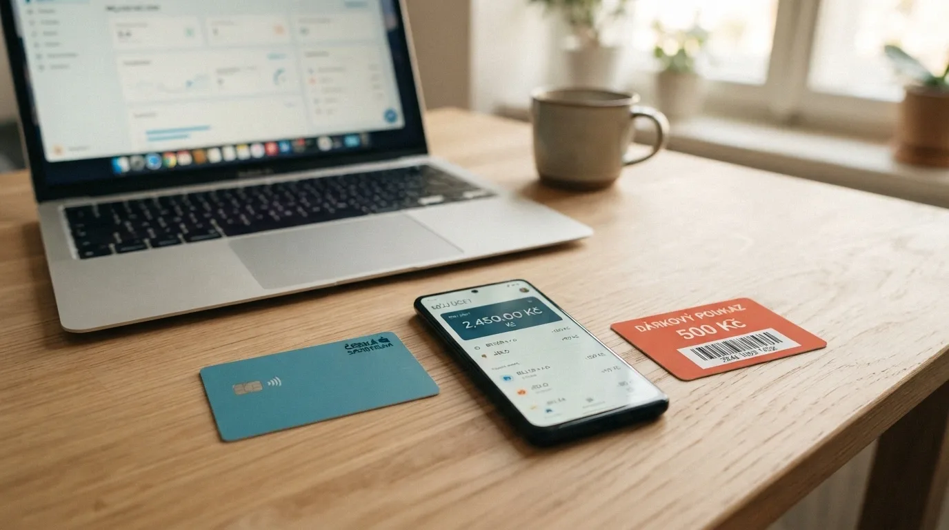 Platební karta, mobilní telefon s bankovní aplikací a Paysafecard poukaz na stole vedle notebooku