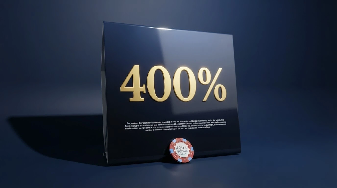 Propagační banner bitcoin kasina s číslem bonusu 400 % a drobným písmem podmínek pod ním