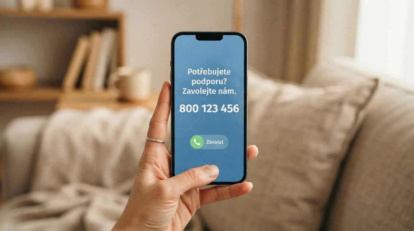 Telefon s vytočeným číslem linky pomoci na displeji, v pozadí logo Společnosti Podané ruce