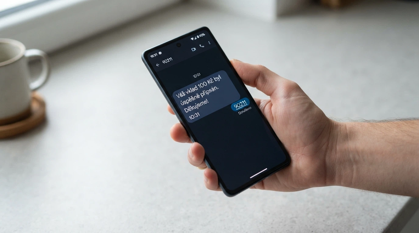 Displej telefonu s odeslanou Premium SMS na číslo 90211 a částkou vkladu