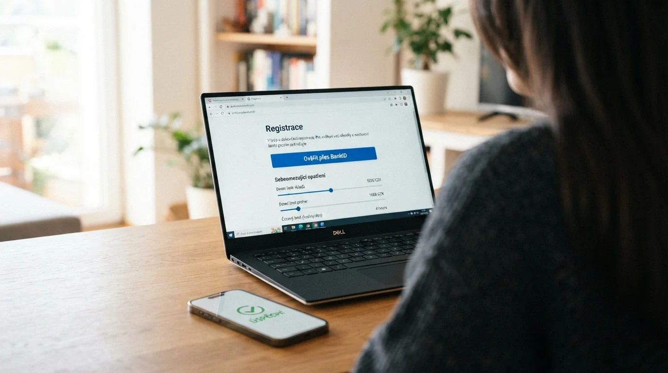 Registrační obrazovka českého online casina s výzvou k ověření BankID a nastavením sebeomezujících limitů