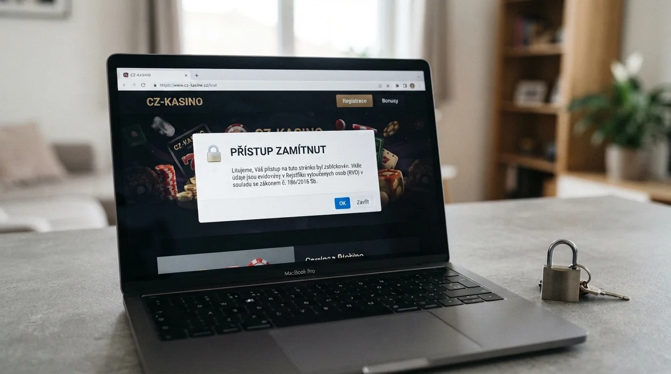 Displej s varovným dialogovým oknem „Přístup zamítnut“ v českém jazyce, vedle ikona zámku a textový odkaz na RVO.