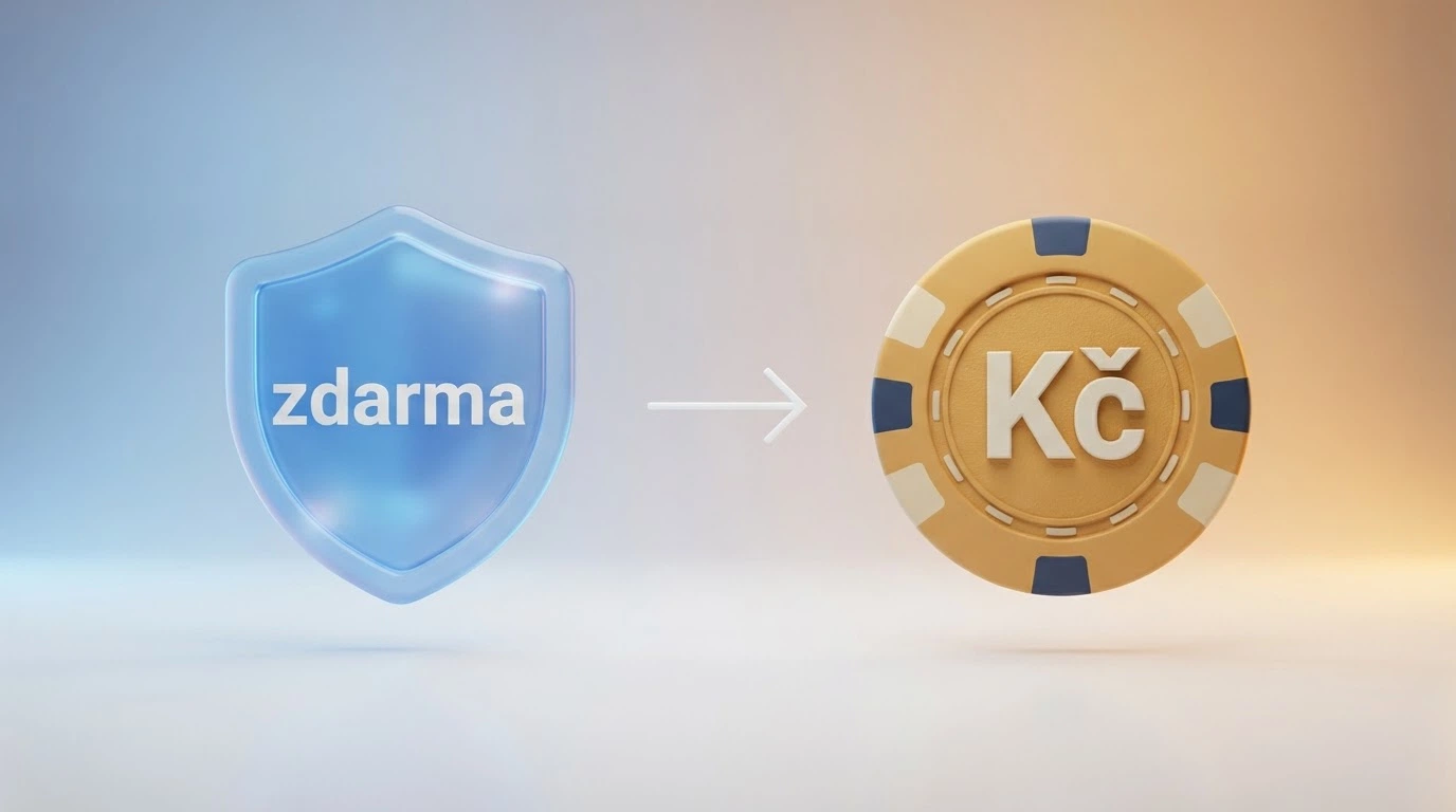 Rozcestník — vlevo ikona demo režimu (štít s nápisem zdarma), vpravo ikona ostré hry (symbol Kč)