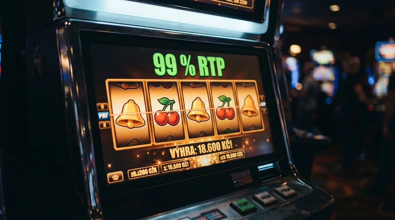 Výřez z automatu s ukazatelem RTP 99 % a výherní tabulkou