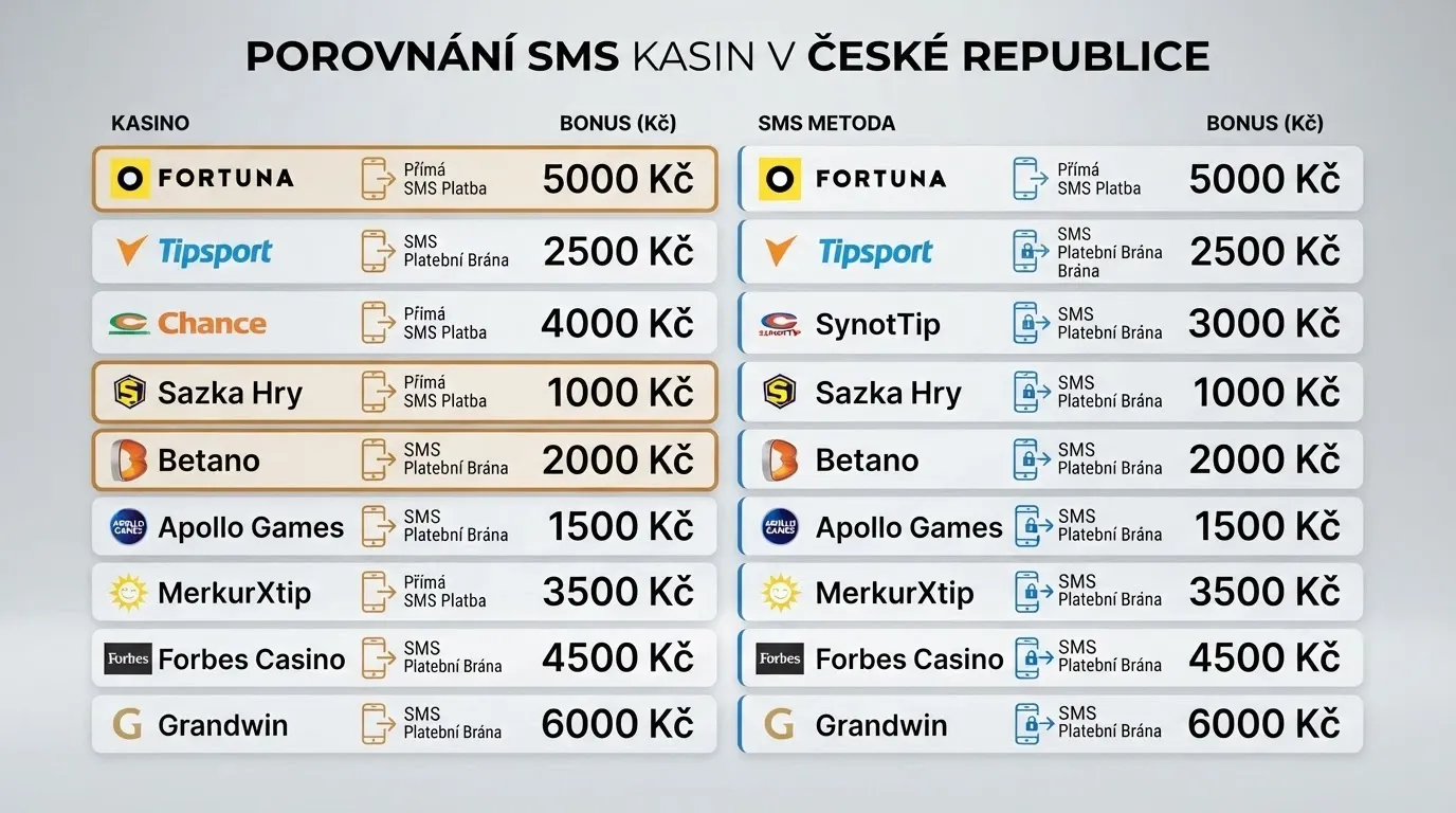 Přehledová tabulka deseti českých casin s vyznačenou trasou SMS vkladu a uvítacím bonusem