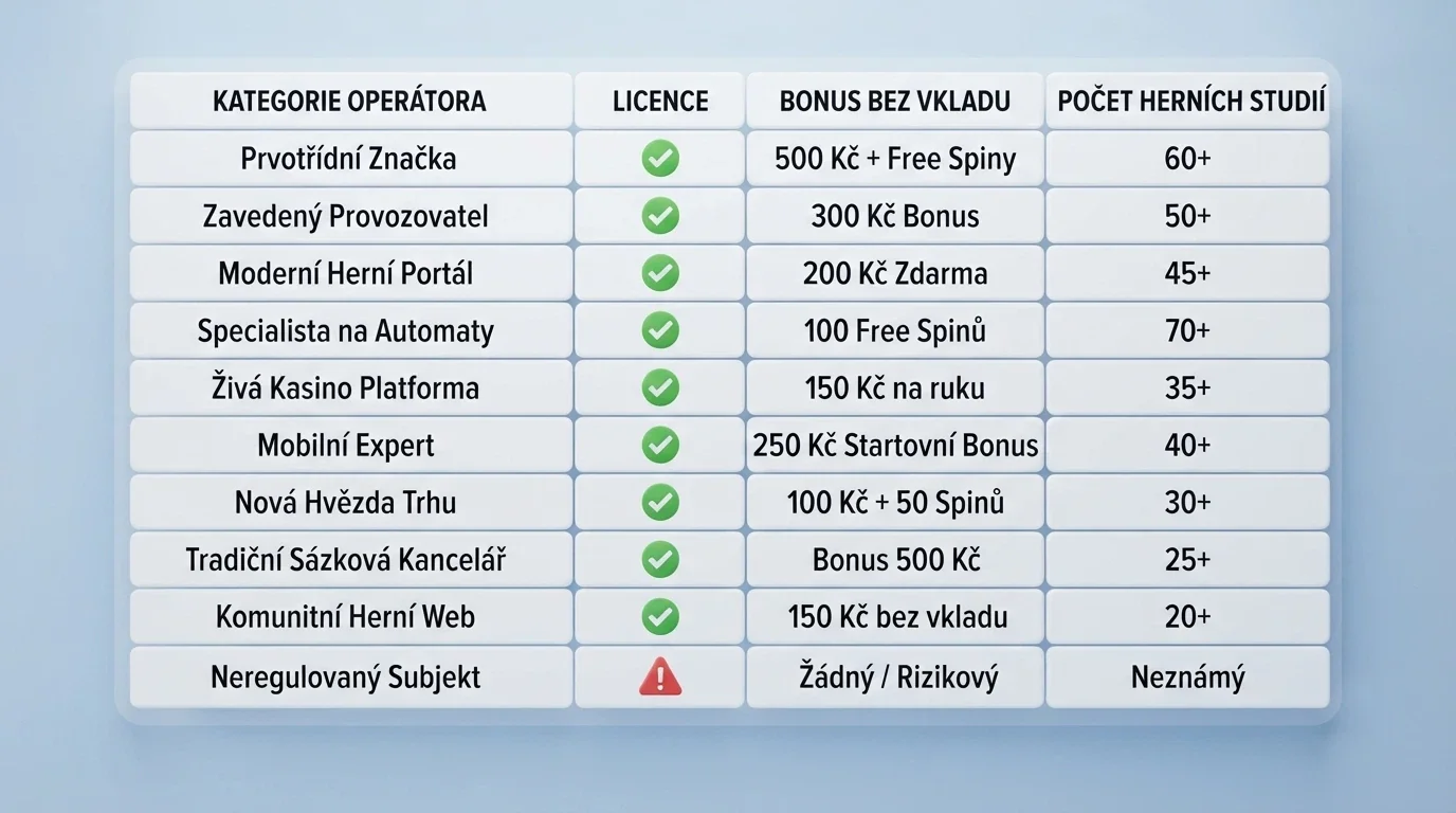 Srovnávací tabulka zobrazující přehled deseti operátorů se sloupci licence, bonus bez vkladu a herní studia