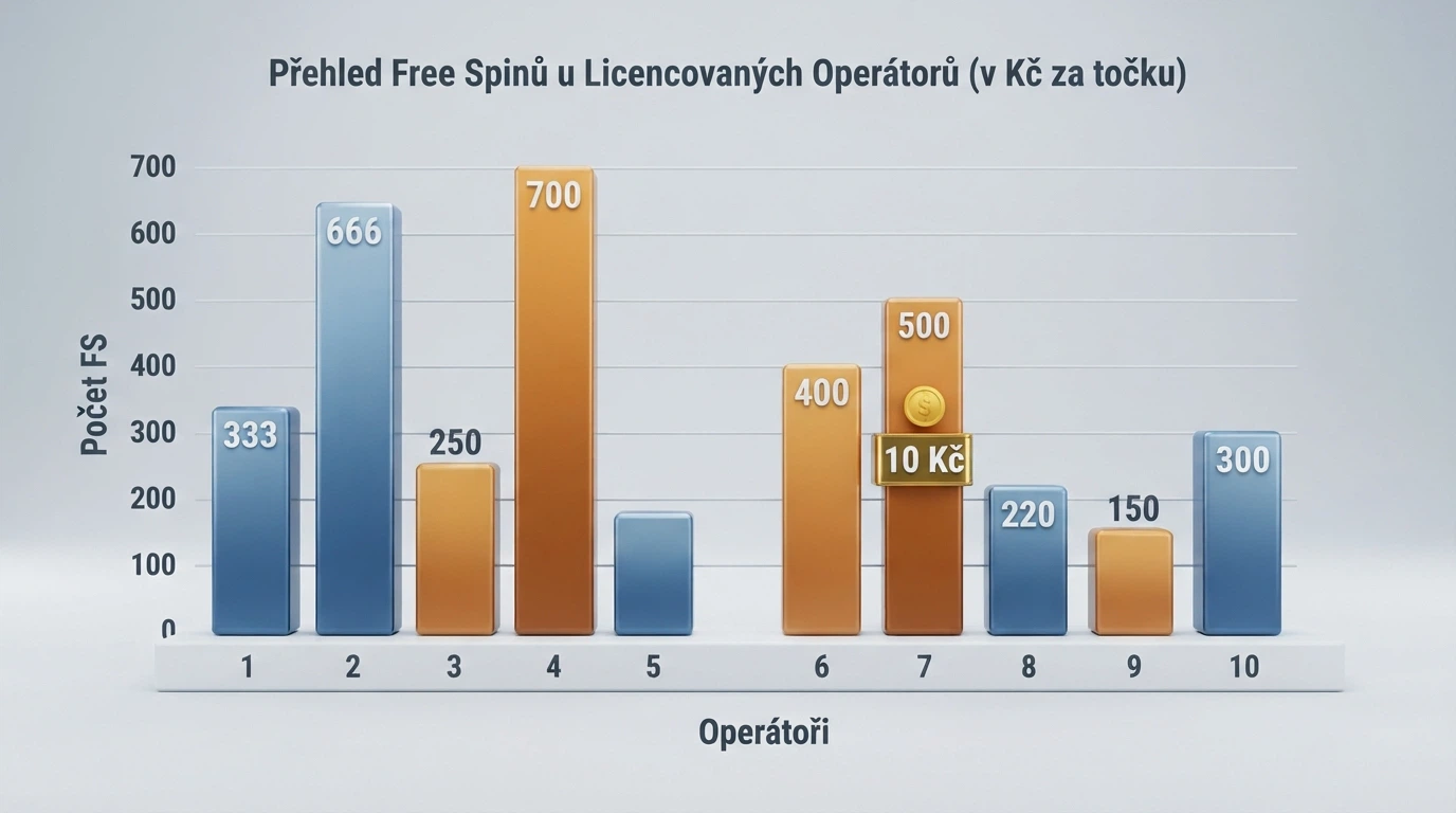 Srovnávací tabulka deseti českých online casin s počty free spinů, hodnotou otočky a rokem licence