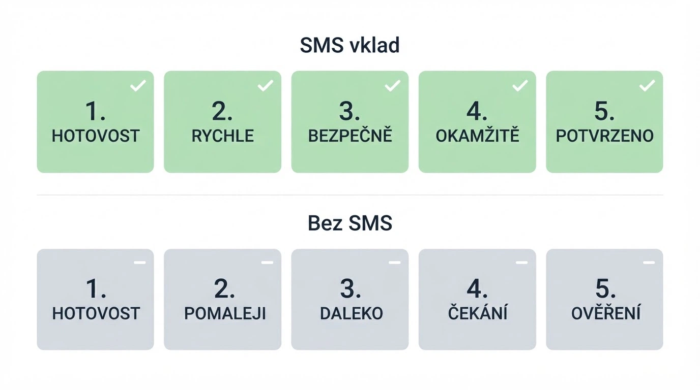 Rozcestník s logy pěti casin podporujících SMS vklad na jedné straně a pěti casin bez této možnosti na straně druhé