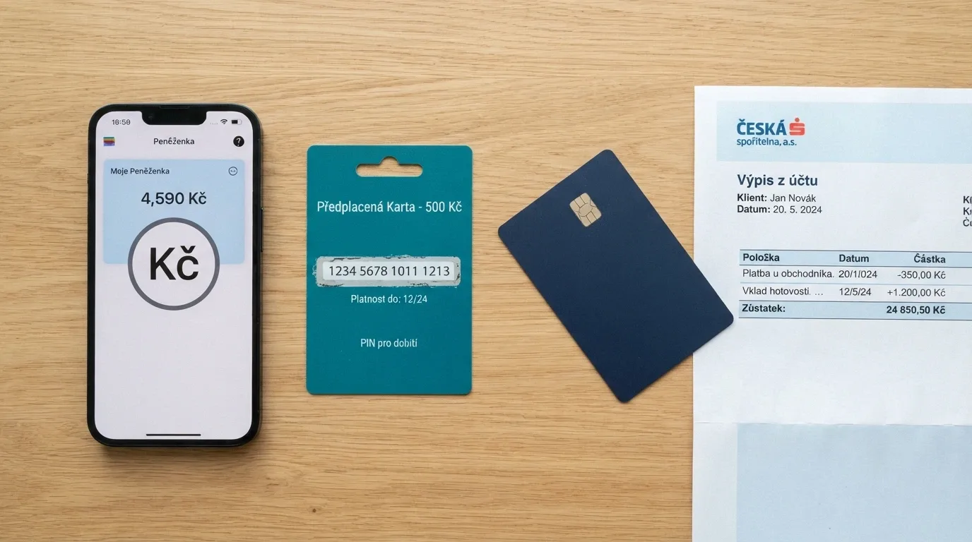 Rozložené platební prostředky na stole — smartphone s Bitcoin peněženkou, Paysafecard voucher, platební karta a bankovní výpis — vedle sebe.