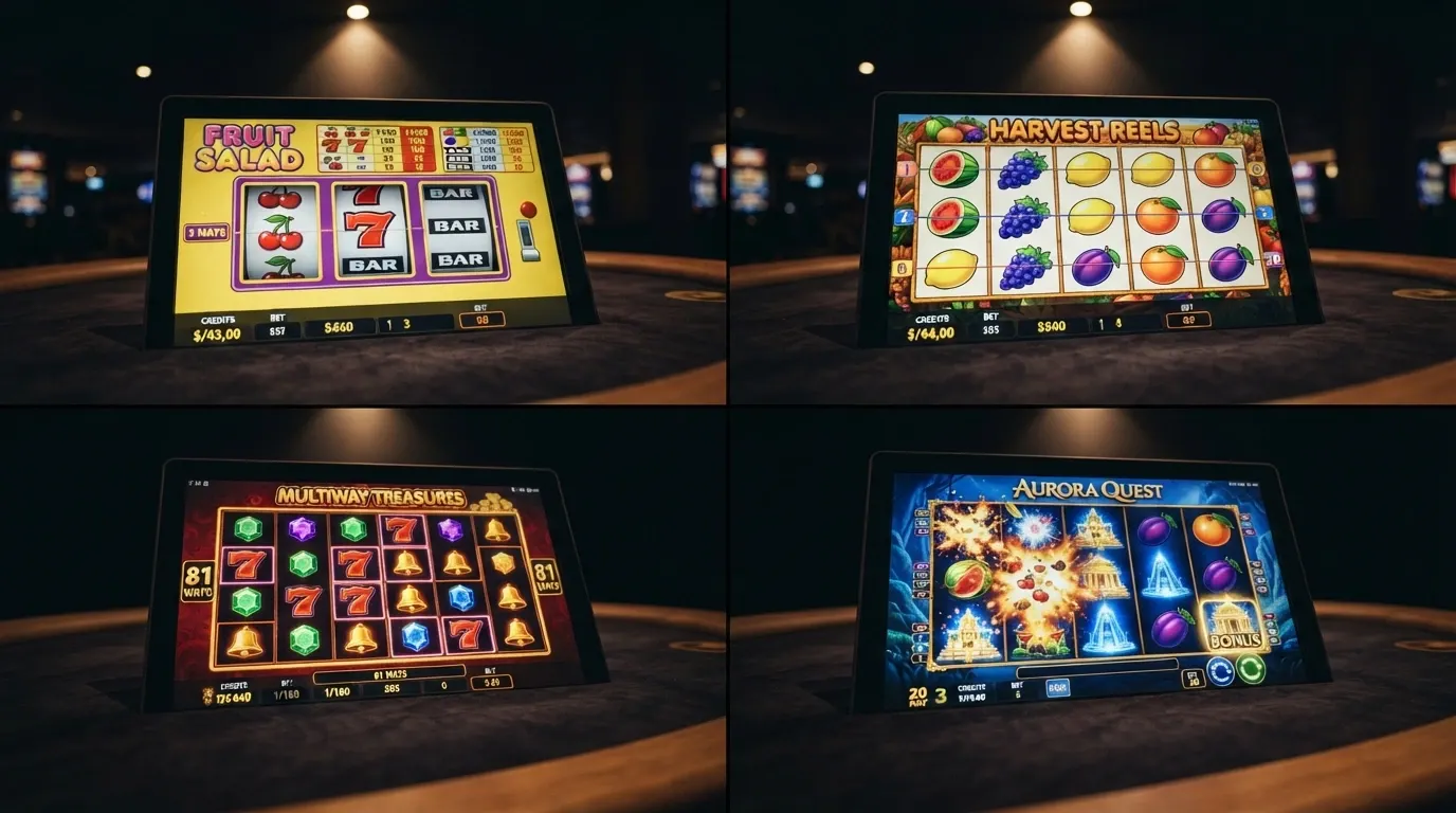 Koláž čtyř typů automatů — klasický tříválcový, ovocný, 81-liner a moderní video slot