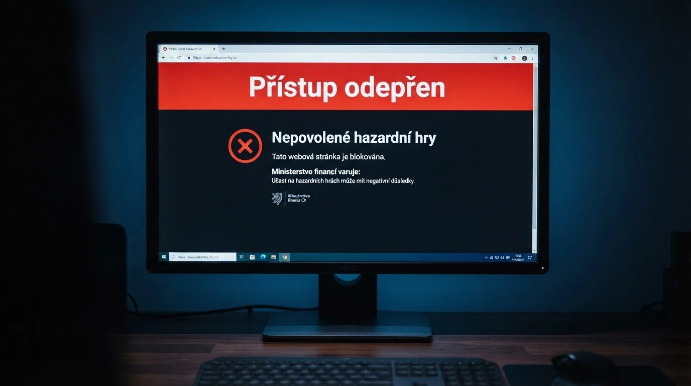 Displej počítače s blokovanou stránkou zahraničního casina a textem upozorňujícím na absenci české licence